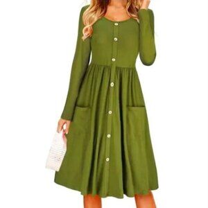 KILIG Women's Long Sleeve Casual Button Down Swing Dress with Pockets - L